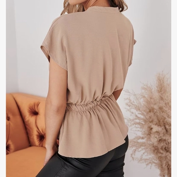 Neutral V-Neck Button Down Blouse | Dressy Casual Short Sleeve Top - Picture 2 of 10